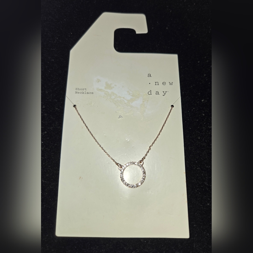 Rose Gold tone Circle Rhinestone Pendant Necklace, New With Tags